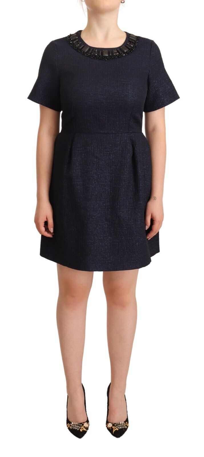 L'Autre Chose Black Embellished Short Sleeves Mini A-line Dress - Fizigo