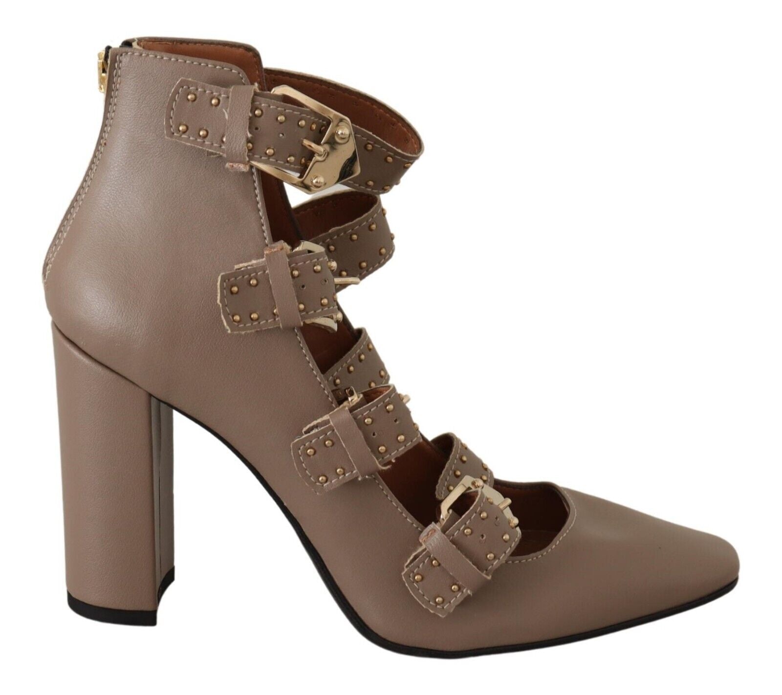 MY TWIN Brown Leather Block Heels Multi Buckle Pumps Shoes - Fizigo