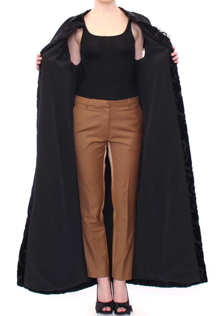 NOEMI ALEMÁN Black Cotton Brocade Long Cape Coat Jacket - Fizigo