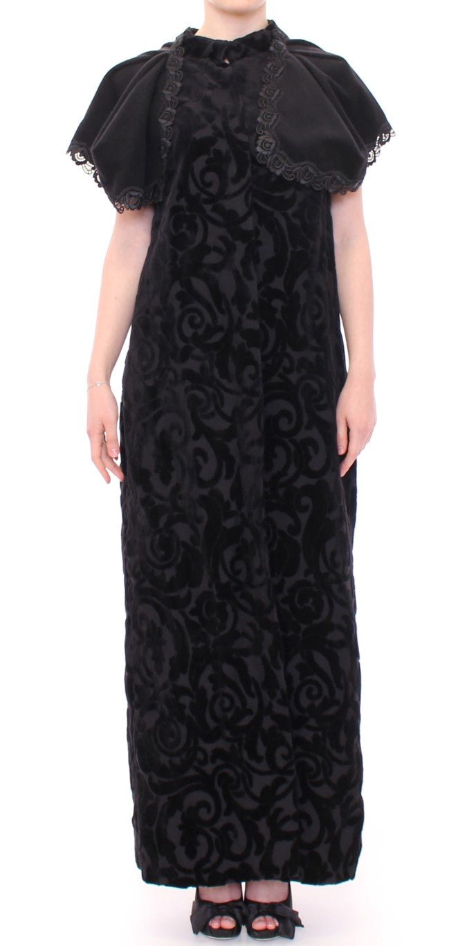 NOEMI ALEMÁN Black Cotton Brocade Long Cape Coat Jacket - Fizigo