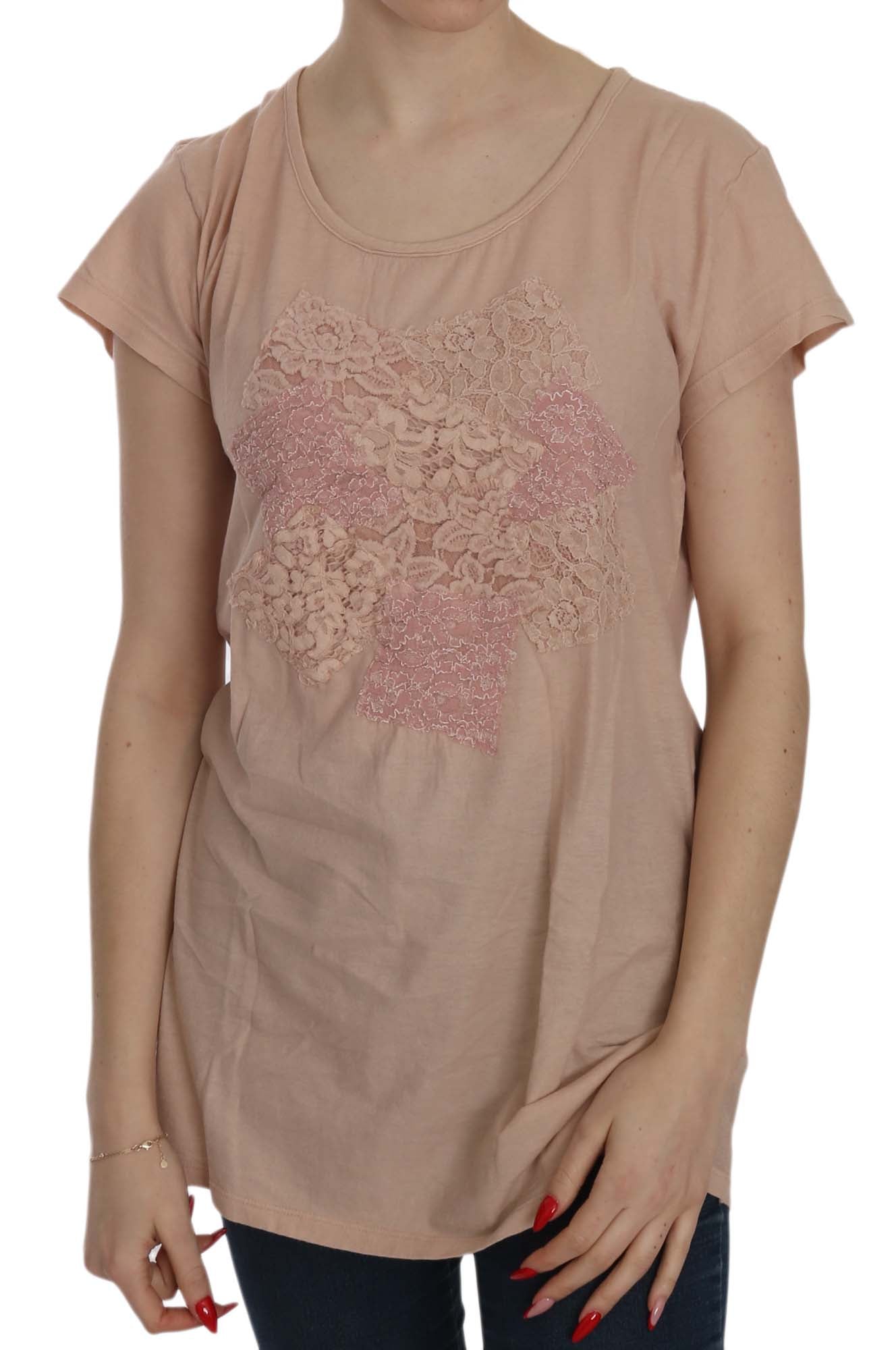 PINK MEMORIES Pink Cream Lace Short Sleeve Shirt Top Cotton Blouse - Fizigo